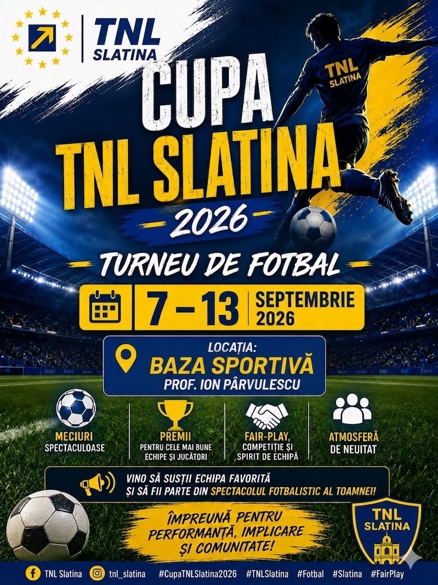 Afiș oficial Cupa TNL Slatina 2026 — turneu de fotbal 7-13 septembrie 2026